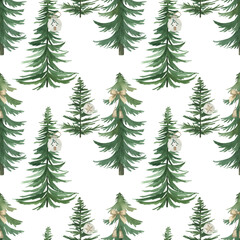 Obraz premium Watercolor Christmas seamless pattern with fir-trees, balls. Hand drawn illustration on white background, for wallpaper, wrapping