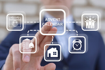 Person using virtual touch screen presses the words ADVENT CALENDAR. Advent Calendar Surprise Event Holiday concept.