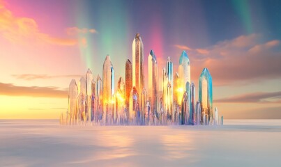 Fantasy landscape showing a futuristic crystal city reflecting vibrant sunset colors and northern lights on a frozen, ethereal plain