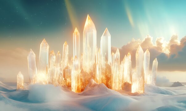 Luminescent crystals forming a magical castle rising from a snowy landscape, bathed in golden light under an aurora-like sky