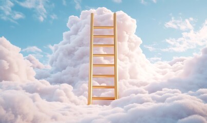 Golden ladder ascending through soft, white, dreamlike clouds into a clear blue sky, symbolizing goals, success, and ambition