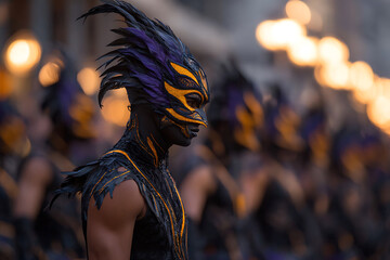 carnival celebration, mardi gras parade features lively masks, beads, feathers, and jazz, creating a festive and vibrant atmosphere