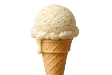 Creamy vanilla bean ice cream with visible seeds melting down a waffle cone, sweet snack on a transparent background