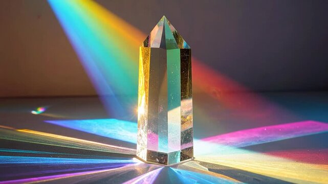 A crystal prism refracting light into a rainbow spectrum on a surface with vibrant colors