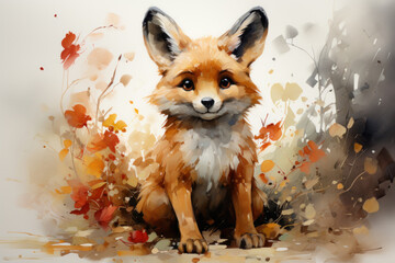 Fototapeta premium A watercolor illustration of a cute fox sitting among autumn flowers and light abstract brushstrokes. 