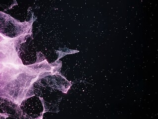 An abstract digital network structure with glowing nodes and lines, resembling a nebula or galaxy, set against a dark background with scattered stars.