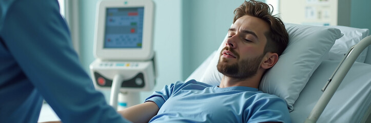 Sick man in hospital bed rests while nurse attends, focus on monitoring equipment, highlighting patient care. Patient in hospital is sick and resting.