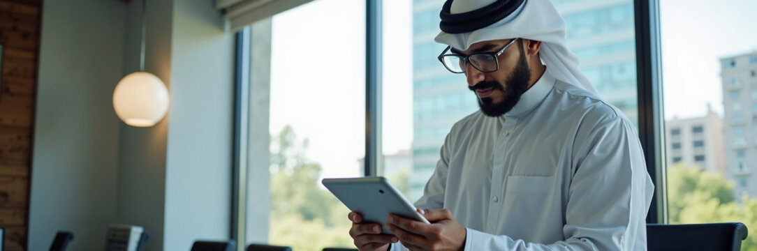 Arab businessman with tablet in office near window, using it for work. Arab businessman is wearing traditional clothes and eyeglasses, focused on digital device.