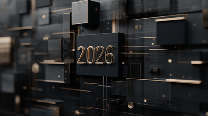 Advanced digital technology and IT 2026 concept on a futuristic background of interconnected data blocks and circuits