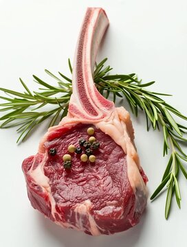 Raw tomahawk steak with rosemary and peppercorns on white background