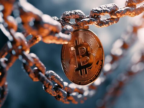 Bitcoin cryptocurrency trapped and locked by rusty chains