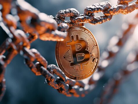 Bitcoin cryptocurrency trapped and locked by rusty chains