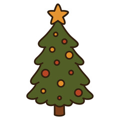 Decorated Christmas tree cartoon illustration with star