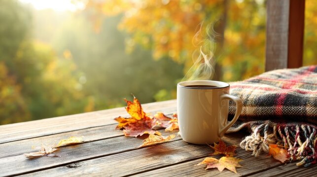 Steaming hot drink mug sits on wooden porch railing with vibrant autumn leaves and soft plaid blanket
