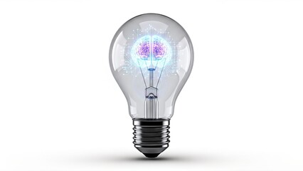 A modern light bulb encases a glowing, futuristic digital brain with circuit patterns, symbolizing artificial intelligence, innovation, and bright ideas on a white background.