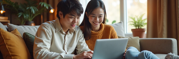 Couple with laptop relaxing together on sofa, smiling and looking at screen, enjoying content. Couple enjoying leisure time and using computer in cozy apartment.
