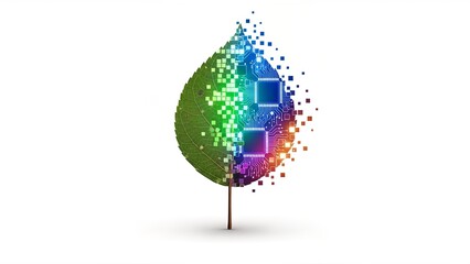 A vibrant green leaf seamlessly merges with a colorful digital circuit board, symbolizing the integration of nature and technology, sustainability, and digital transformation.