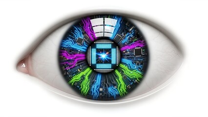 A human eye features an intricate, glowing circuit board design in its iris, with a central processing unit for a pupil. Symbolizes AI, future tech, and digital vision.