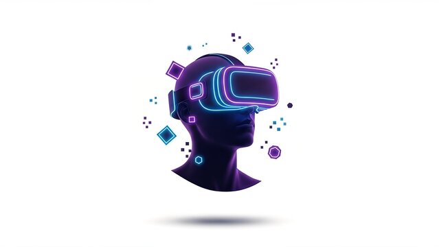 Stylized dark human head wearing a glowing neon VR headset, surrounded by luminous geometric shapes on a white background. Represents future tech and metaverse. - Powered by Adobe