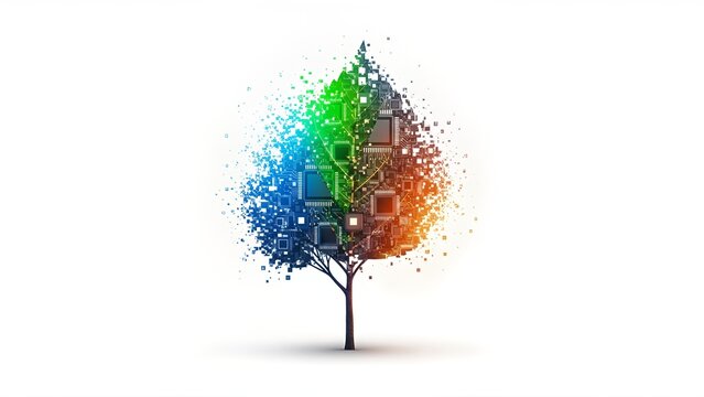 Digital tree with a leaf-shaped canopy, formed by circuit board elements and pixelated particles, blending blue, green, and orange. Symbolizes technology and sustainable growth.