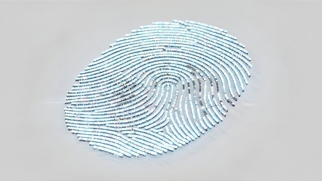 A striking digital fingerprint composed of numerous glittering light-blue and silver pixels, subtly elevated against a clean, bright background, symbolizing advanced biometric security and identity.
