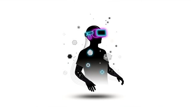Silhouette of a person wearing a vibrant neon VR headset, immersed in a futuristic digital environment with glowing geometric shapes on a white background. Represents virtual reality, metaverse.