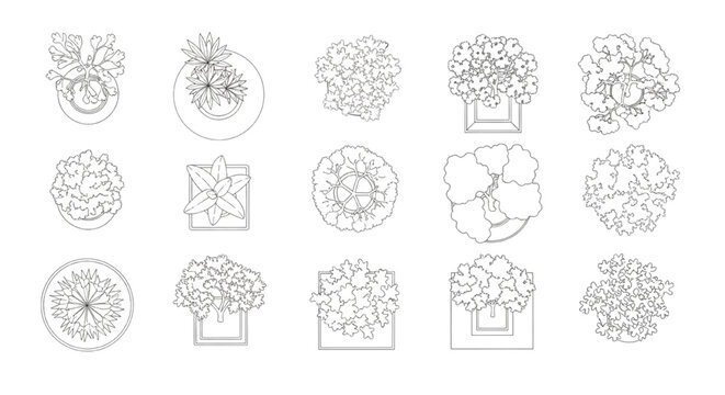 Top view architectural plant symbols set. Black outline technical drawing of trees and potted plants for floor plans.