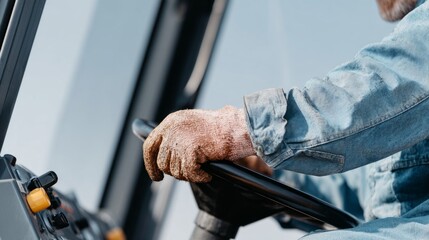 Close-up of crane operator's hands gripping control lever, showcasing textured gloves and machinery details, emphasizing precision and focus in construction environment