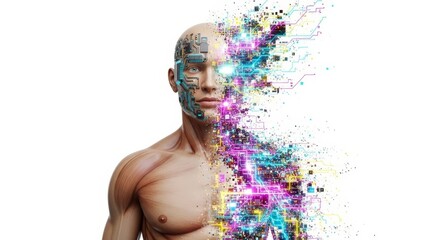 A 3D rendering of a human's upper body and face, with one side transforming into glowing digital circuits and pixels against a white background. Represents AI, technology, and futuristic concepts.