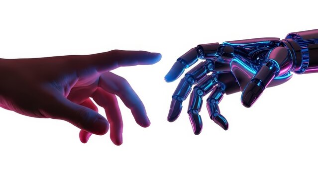 A human hand and a robotic hand, illuminated by vibrant neon blue and pink light, reach out to each other against a white background, symbolizing technology, AI, and future connection.