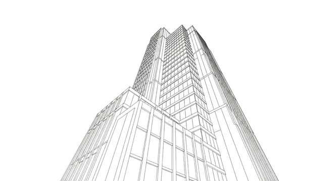Minimalist architectural line art vector of a modern skyscraper. Low angle perspective sketch in monochrome drafting style.
