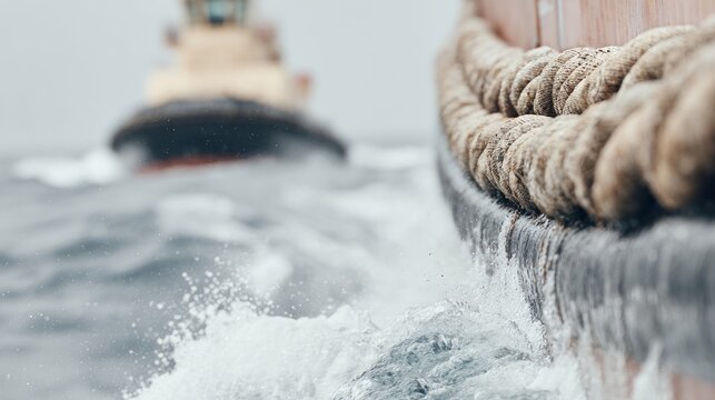 Tugboats maneuvering in rough waters, pushing a large container vessel, showcasing maritime operations and teamwork in a dynamic shipping environment