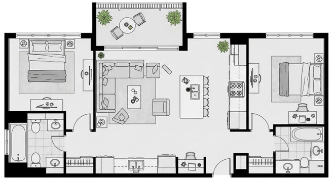 Modern luxury 2-bedroom apartment floor plan. Top view architectural layout with open kitchen, ensuite, and balcony.