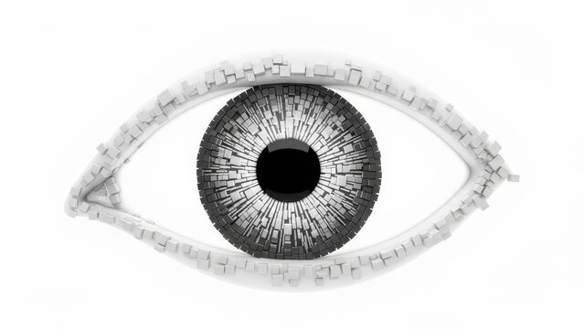 An abstract, modern digital eye with a pixelated iris and geometric eyelids on a clean white background. Ideal for technology, artificial intelligence, and future vision concepts.