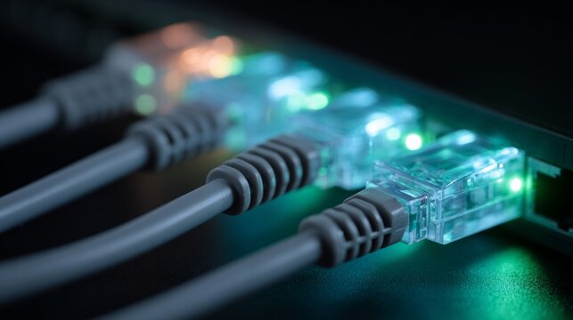 Glowing ethernet cables plugged into a network switch, showcasing vibrant lights and intricate details, representing modern technology and connectivity in a digital world