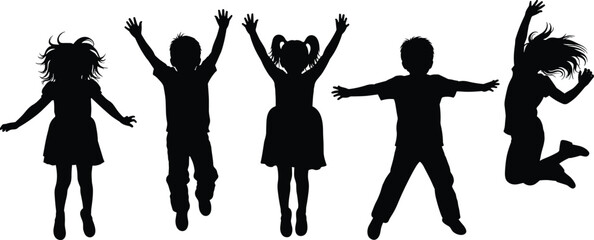 Jumping children, playful, silhouette, energy, joy, motion, childhood, fun, active, dynamic, group, pose, excitement, kids, movement, happy, expressive, white background, individuality, gesture