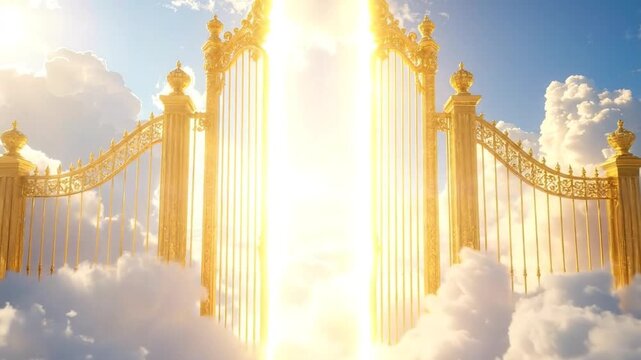 The Majestic Golden Gates of Heaven Opening to a Brilliant, Radiant Light Amongst the Clouds, Symbolizing an Entrance to Paradise