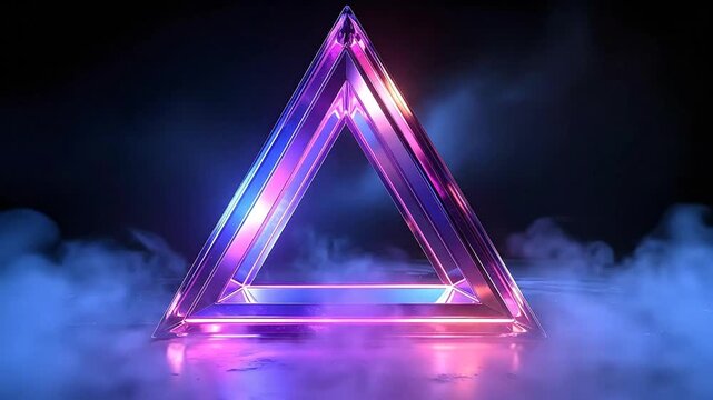 Glowing triangular prism structure with vibrant neon lights and atmospheric smoke