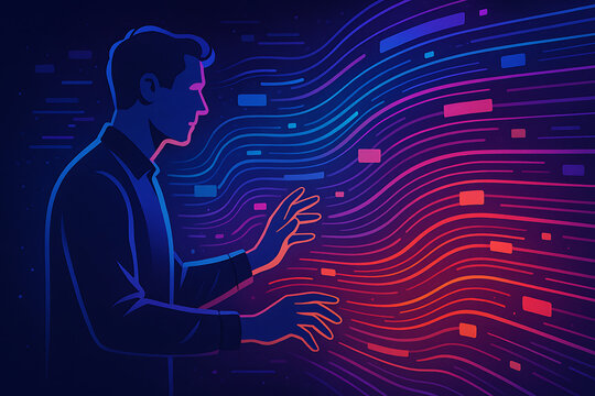 Abstract illustration of person interacting with digital data streams symbolizing technology communication analysis and future information systems
