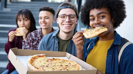 Group of four friends happily sharing a pizza on a sunny day outdoors