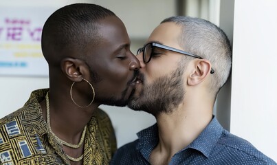 A nonbinary male couple shares a loving kiss, showcasing affection in a cozy space