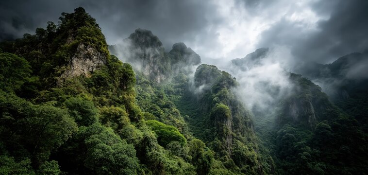 Dramatic mountain peaks rise above the lush green forest under moody clouds - Powered by Adobe