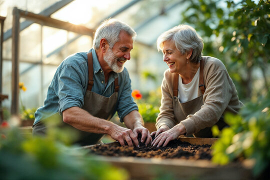 Senior Couple Gardening. Happy elderly man and woman in greenhouse