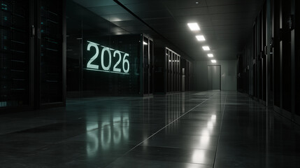A futuristic vision of an advanced technology and IT 2026 data center, showcasing cutting-edge digital infrastructure and secure information processing