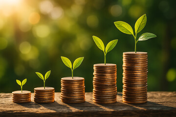 Coins stacked with small green plants at various growth stages symbolizing financial investment wealth savings economy profit strategy and sustainable business development