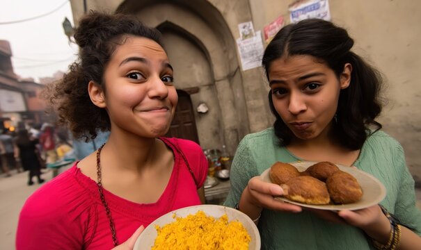 Young women savoring local street food in a crowded market scene filled with activity