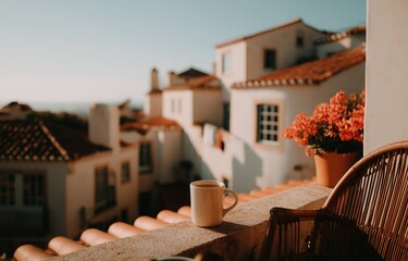Obraz premium A coffee cup sits on a balcony as sunlight highlights beautiful flowers and houses in the distance