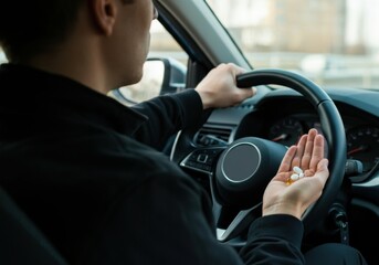 Man driving a car displaying pills in his open palm during a roadside moment