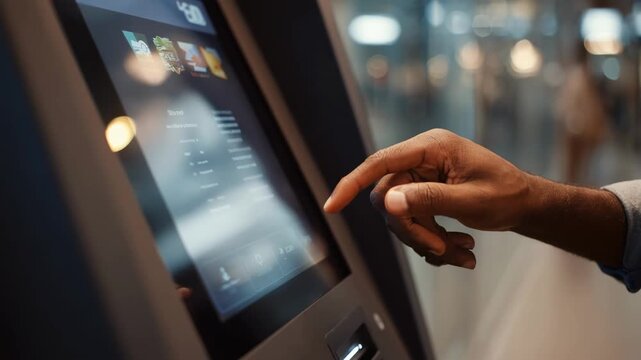 Medium shot showing a user interacting with an automated checkin kiosk touchscreen entering personal details for a customized travel experience with clear onscreen instructions.