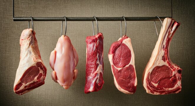 Meat cuts hanging from a rack in a traditional butcher shop display for sale